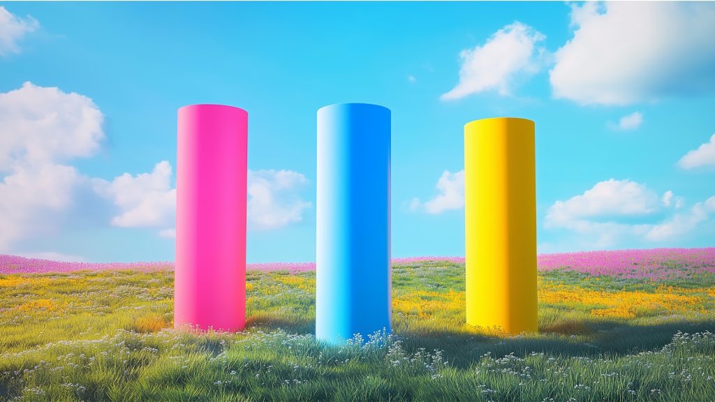 tre piloni in mezzo a un prato di colori diversi, che rappresentano Brand con caratteristiche differenti