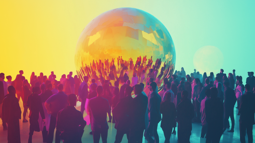 persone di fronte a una sfera specchiata che raffigura l'identità di marca socio-antropologica