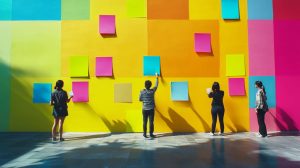 persone che collegano dei post it in un muro, che raffigurano il lavoro con modello partecipativo